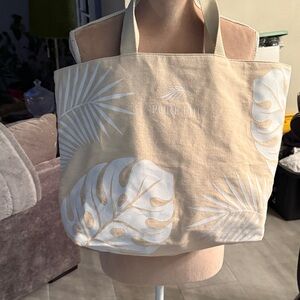Tan and White Leaf Tote Bag